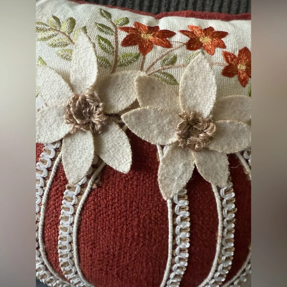 Autumn Hill Fall Embroidered Pumpkin Throw Pillow Floral Decorative